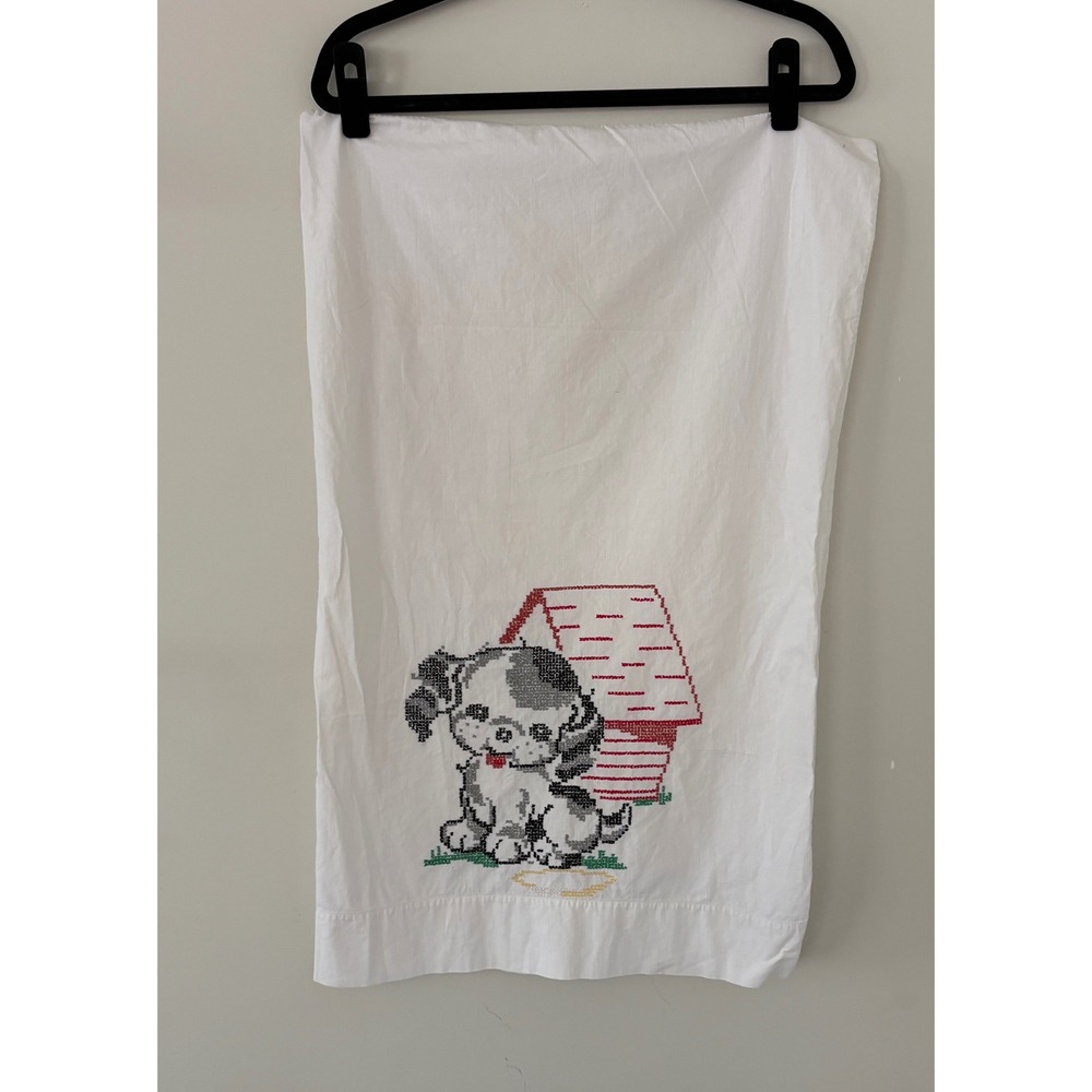 Vintage Penneys Penco Puppy Dog Needlepoint Pillowcase Cotton‎ Kids Room Decor